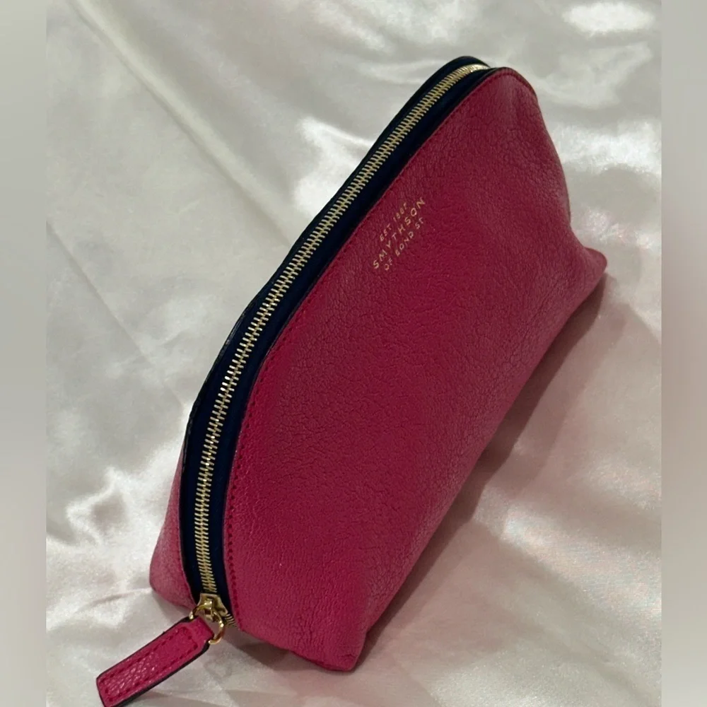 Smythson Of Bond St Cosmetic Case Panama Leather Fuschia Pink Gold Travel Chic